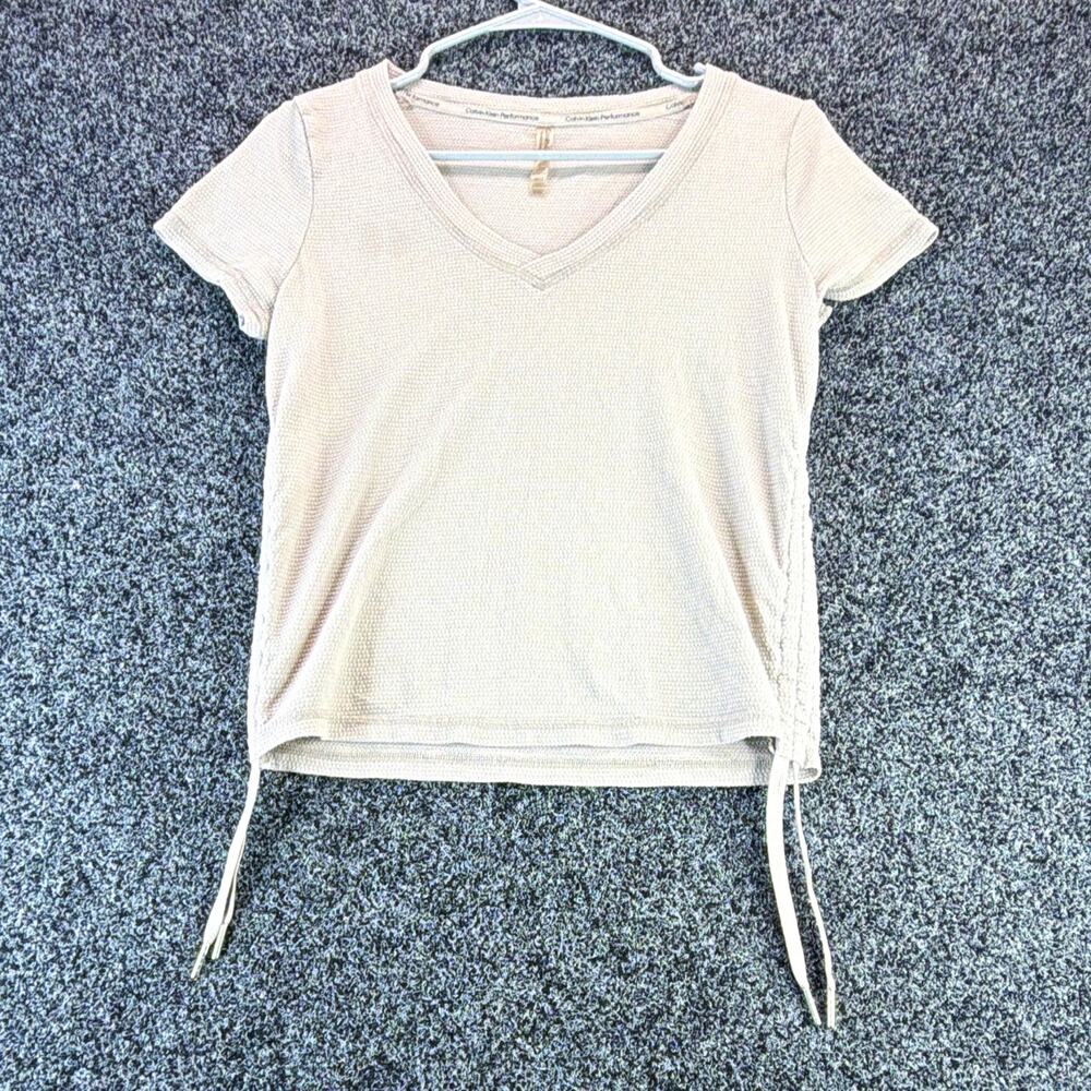 Calvin Klein Performance Women's Gray V-Neck Ruched Drawstring Knit Tee S